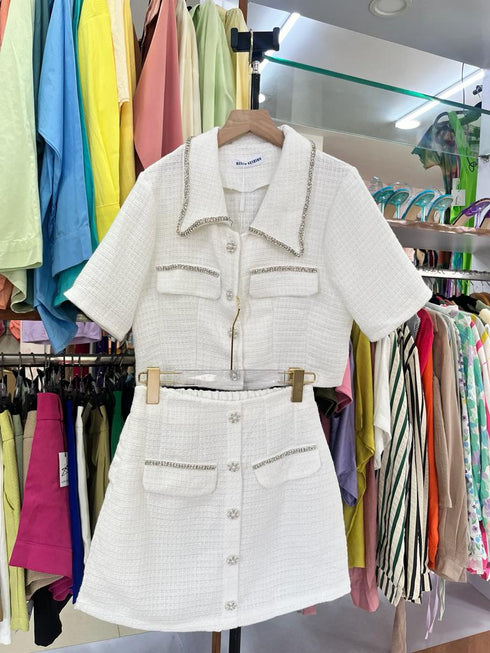 Tweed Co-Ord Sets Rhinestones Decor Crop Top and Skirt